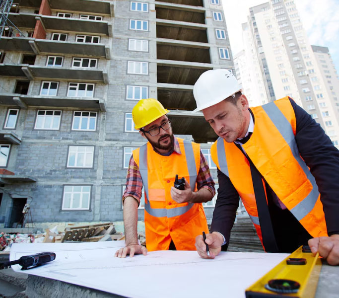 08-home-img-dois-homens-apontando-para-o-esboco-com-capacetes-no-canteiro-de-obras