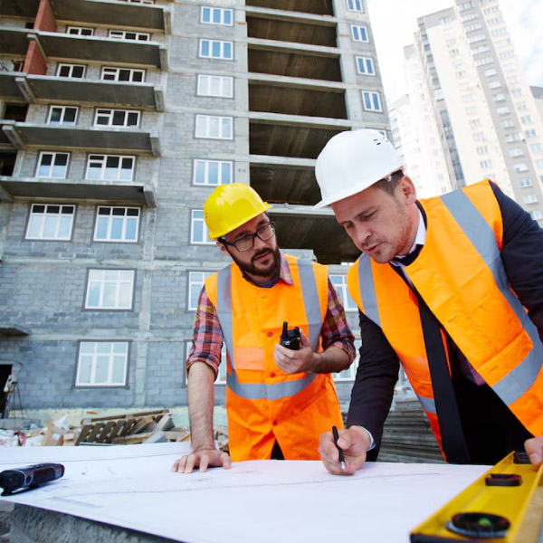 24-nossas-solucoes-img-leroy-soluções-industriais-dois-homens-engenheiros-no-canteiro-de-obras-analisando-uma-planta-baixa-de-um-edificio